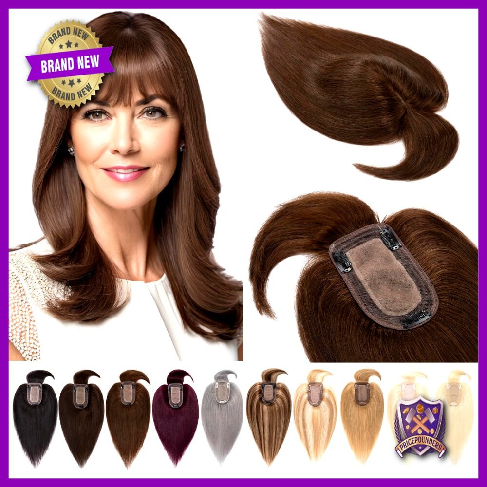 Real Human Hair Topper With Bangs Silk Base Clip In Hairpiece Volume Booster